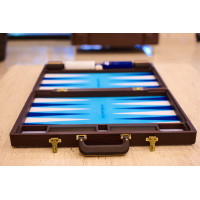 PRIMO "Blue Ostrich" Luxury Backgammon Board Set "Master" Mod. - (22 1/4", Wood, Genuine Ostrich Leather)