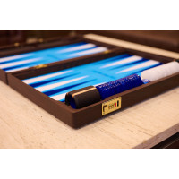 PRIMO "Blue Ostrich" Luxury Backgammon Board Set "Master" Mod. - (22 1/4", Wood, Genuine Ostrich Leather)
