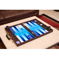 PRIMO "Blue Ostrich" Luxury Backgammon Board Set "Master" Mod. - (22 1/4", Wood, Genuine Ostrich Leather)