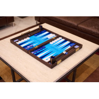PRIMO "Blue Ostrich" Luxury Backgammon Board Set "Master" Mod. - (22 1/4", Wood, Genuine Ostrich Leather)
