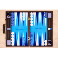 PRIMO "Blue Ostrich" Luxury Backgammon Board Set "Master" Mod. - (22 1/4", Wood, Genuine Ostrich Leather)
