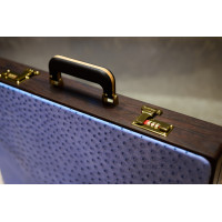 PRIMO "Blue Ostrich" Luxury Backgammon Board Set "Master" Mod. - (22 1/4", Wood, Genuine Ostrich Leather)