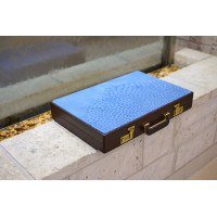 PRIMO "Blue Ostrich" Luxury Backgammon Board Set "Master" Mod. - (22 1/4", Wood, Genuine Ostrich Leather)
