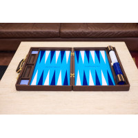 PRIMO "Blue Ostrich" Luxury Backgammon Board Set "Master" Mod. - (22 1/4", Wood, Genuine Ostrich Leather)