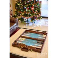 PRIMO "Walnut & Ostrich" Luxury Backgammon Board Set "Master" Mod. - (22 1/4", Walnut Wood, Genuine Ostrich Leather)