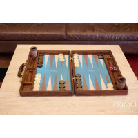 PRIMO "Walnut & Ostrich" Luxury Backgammon Board Set "Master" Mod. - (22 1/4", Walnut Wood, Genuine Ostrich Leather)