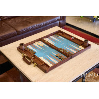 PRIMO "Walnut & Ostrich" Luxury Backgammon Board Set "Master" Mod. - (22 1/4", Walnut Wood, Genuine Ostrich Leather)