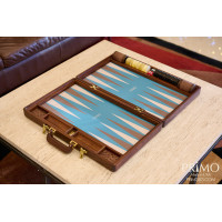 PRIMO "Walnut & Ostrich" Luxury Backgammon Board Set "Master" Mod. - (22 1/4", Walnut Wood, Genuine Ostrich Leather)