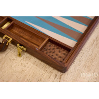 PRIMO "Walnut & Ostrich" Luxury Backgammon Board Set "Master" Mod. - (22 1/4", Walnut Wood, Genuine Ostrich Leather)