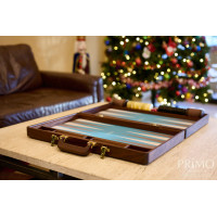 PRIMO "Walnut & Ostrich" Luxury Backgammon Board Set "Master" Mod. - (22 1/4", Walnut Wood, Genuine Ostrich Leather)