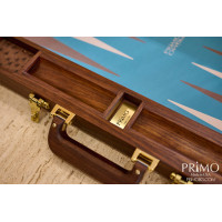 PRIMO "Walnut & Ostrich" Luxury Backgammon Board Set "Master" Mod. - (22 1/4", Walnut Wood, Genuine Ostrich Leather)