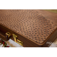 PRIMO "Walnut & Ostrich" Luxury Backgammon Board Set "Master" Mod. - (22 1/4", Walnut Wood, Genuine Ostrich Leather)