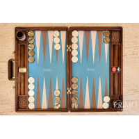 PRIMO "Walnut & Ostrich" Luxury Backgammon Board Set "Master" Mod. - (22 1/4", Walnut Wood, Genuine Ostrich Leather)