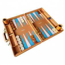 PRIMO Luxury Backgammon Board Set "Master" Mod. - (23", Mahogany Wood, Field Beige/White/Blue, Ostrich Pattern Cover)